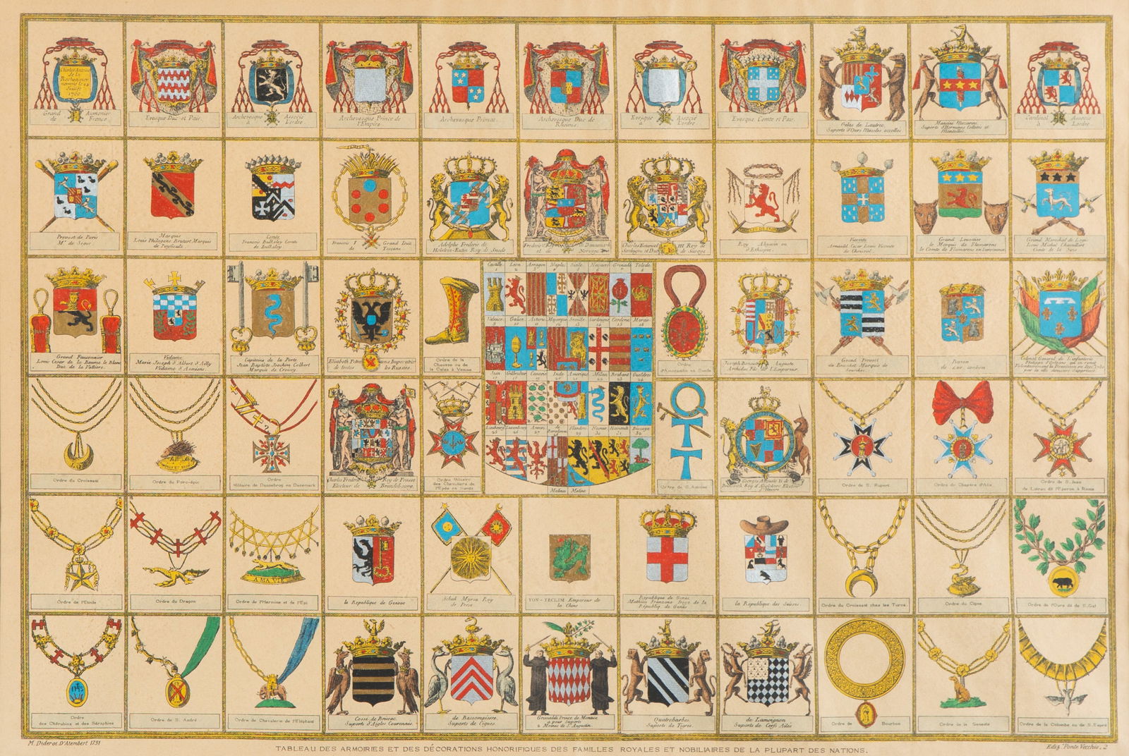 COATS OF ARMS AND HONORARY DECORATIONS LITHOGRAPH, AFTER ENCYCLOPEDIA BY DENIS DIDEROT (FRENCH: COATS OF ARMS AND HONORARY DECORATIONS LITHOGRAPH, AFTER ENCYCLOPEDIA BY DENIS DIDEROT (FRENCH 1713-1784), colored lithograph on paper 50 x 74 cm (19 3/4 x 29 1/8 in.)framed dimensions: 65 x 89 cm (25