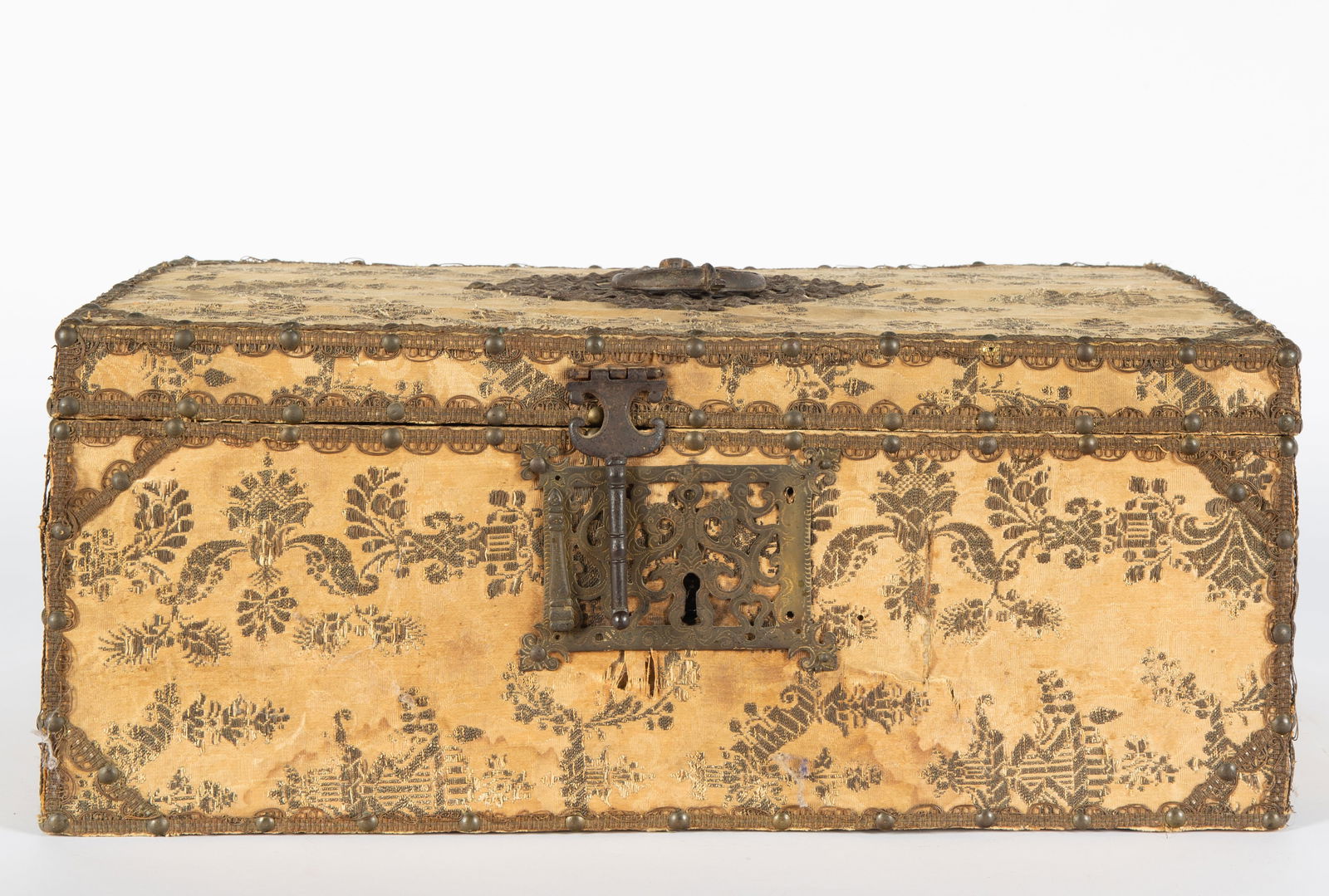 VICTORIAN IRON AND FABRIC DECORATED AND INLAID TRUNK TRAVEL BOX (1 of 6)