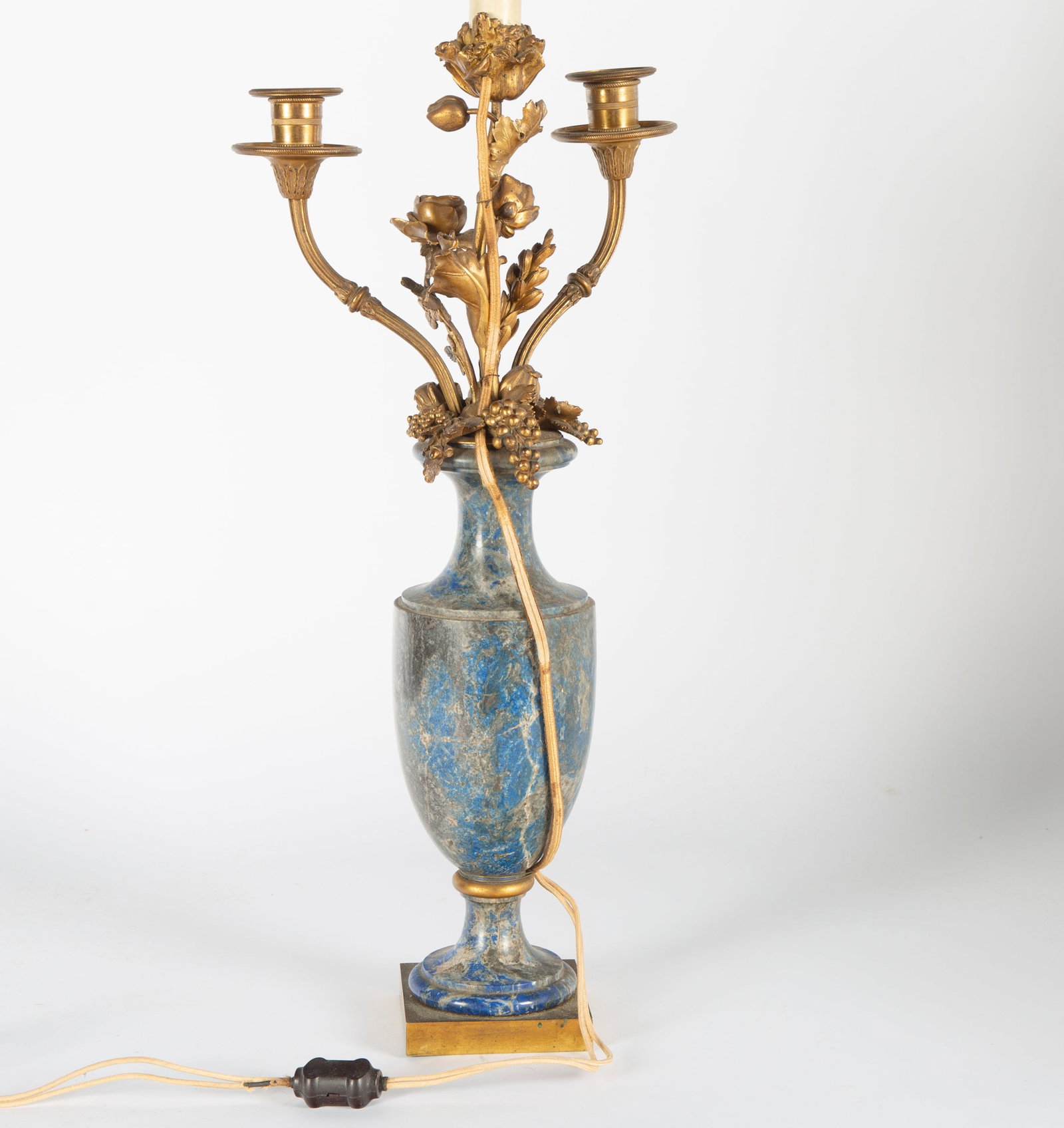 A FRENCH LOUIS XV STYLE GILT BRONZE AND MARBLE CANDELABRA, 18TH/19TH CENTURY: A FRENCH LOUIS XV STYLE GILT BRONZE AND MARBLE CANDELABRA 18TH/19TH CENTURY dimensions: 50 x 10 X 10 cm (19 3/4 x 4 x 4 in.) [vase], height: 77 cm (30 1/8 in.) [with base]
