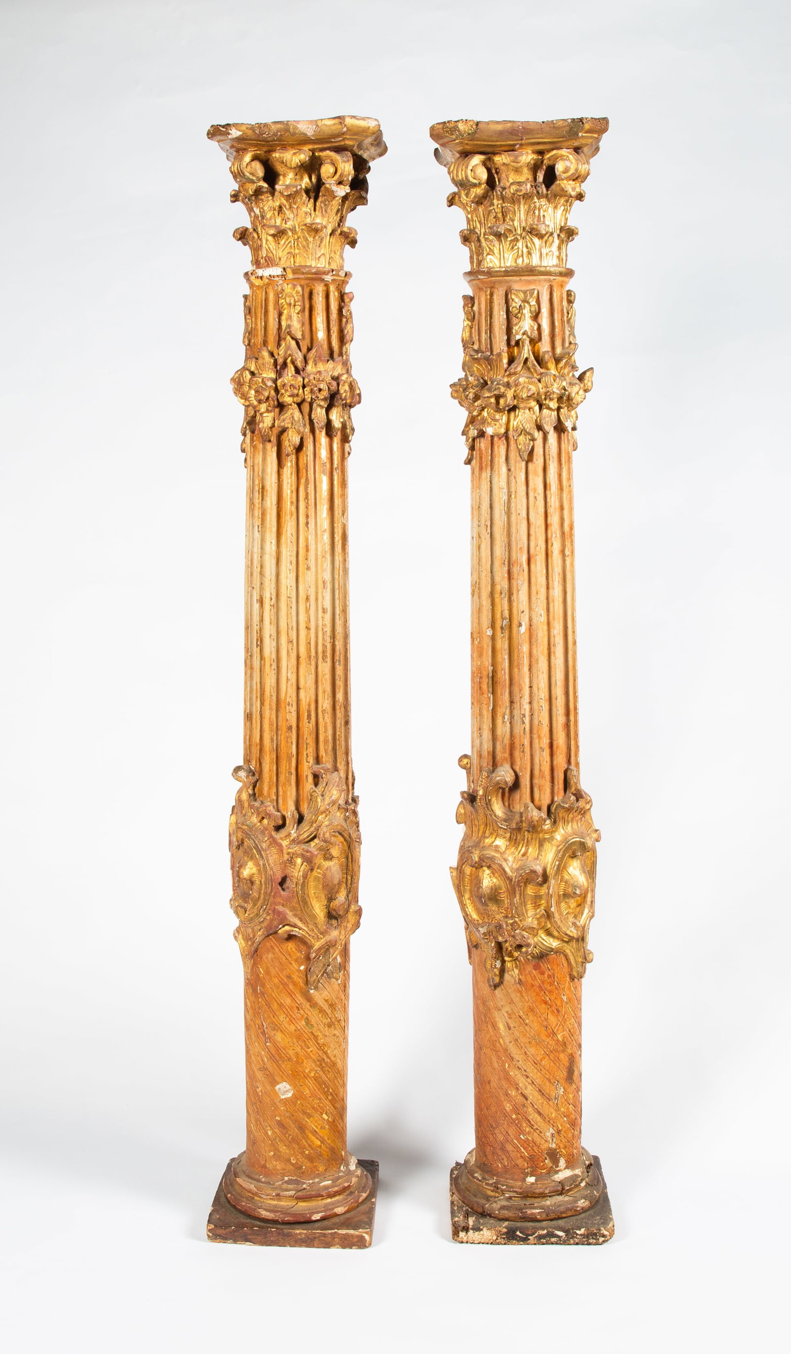 A PAIR OF ITALIAN BAROQUE POLYCHROME AND GILT WOOD COLUMNS, POSSIBLY LATE 18TH CENTURY (1 of 7)