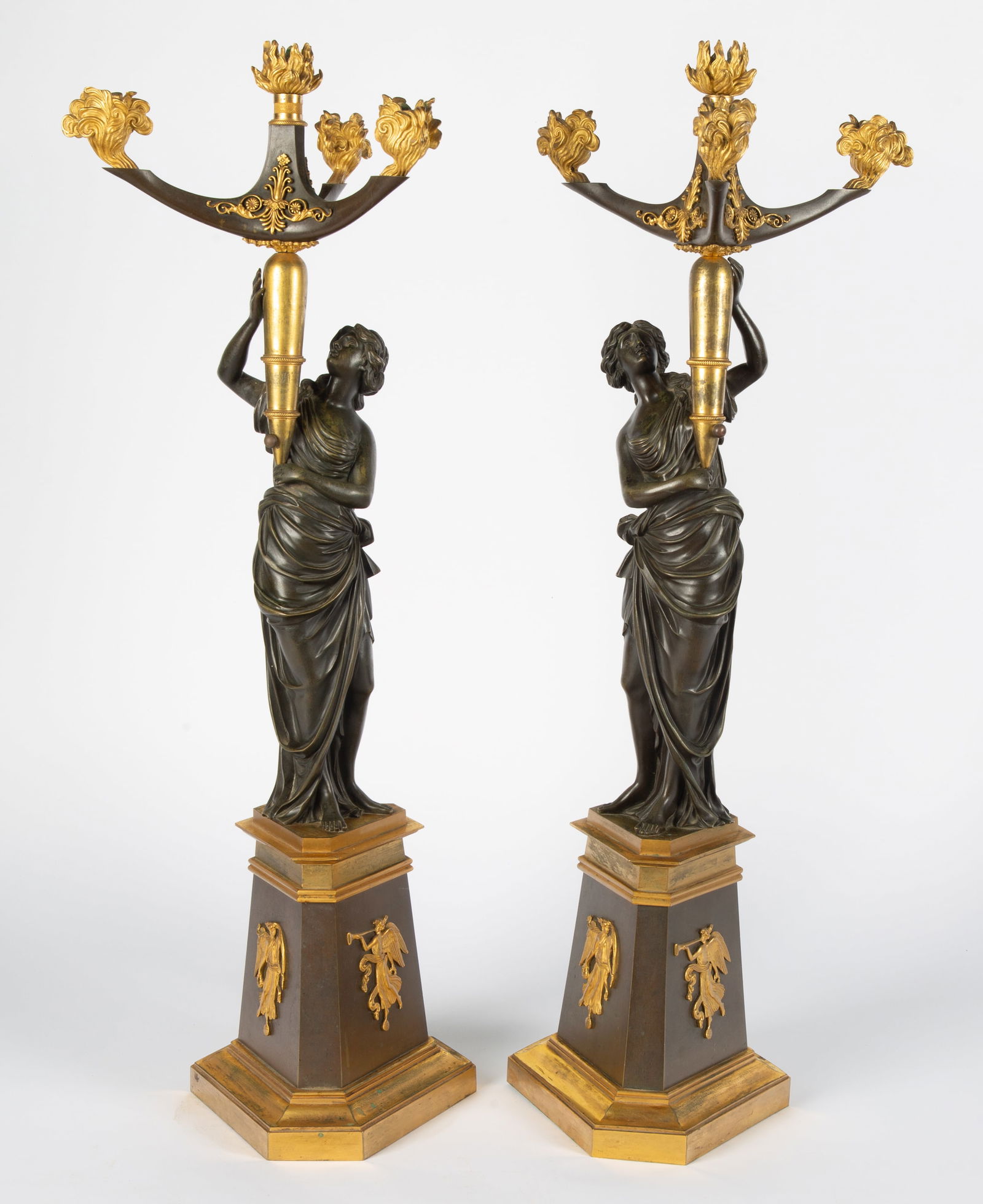 A PAIR OF FRENCH EMPIRE GILT AND PATINATED BRONZE FOUR-LIGHT FIGURAL CANDELABRAS, 19TH CENTURY (1 of 6)