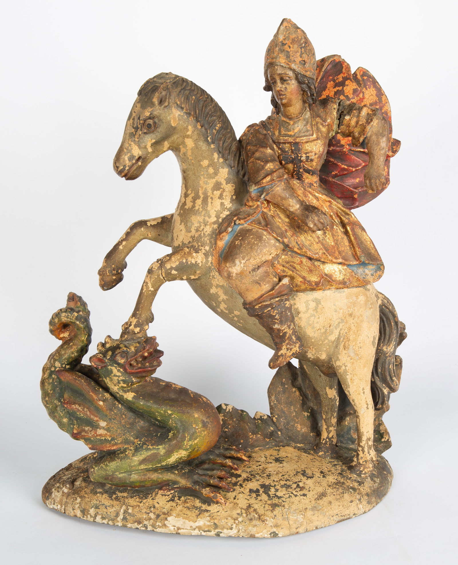 POLYCHROME CARVED WOOD FIGURE OF SAINT GEORGE DEFEATING THE DRAGON, 17TH/18TH CENTURY (1 of 6)
