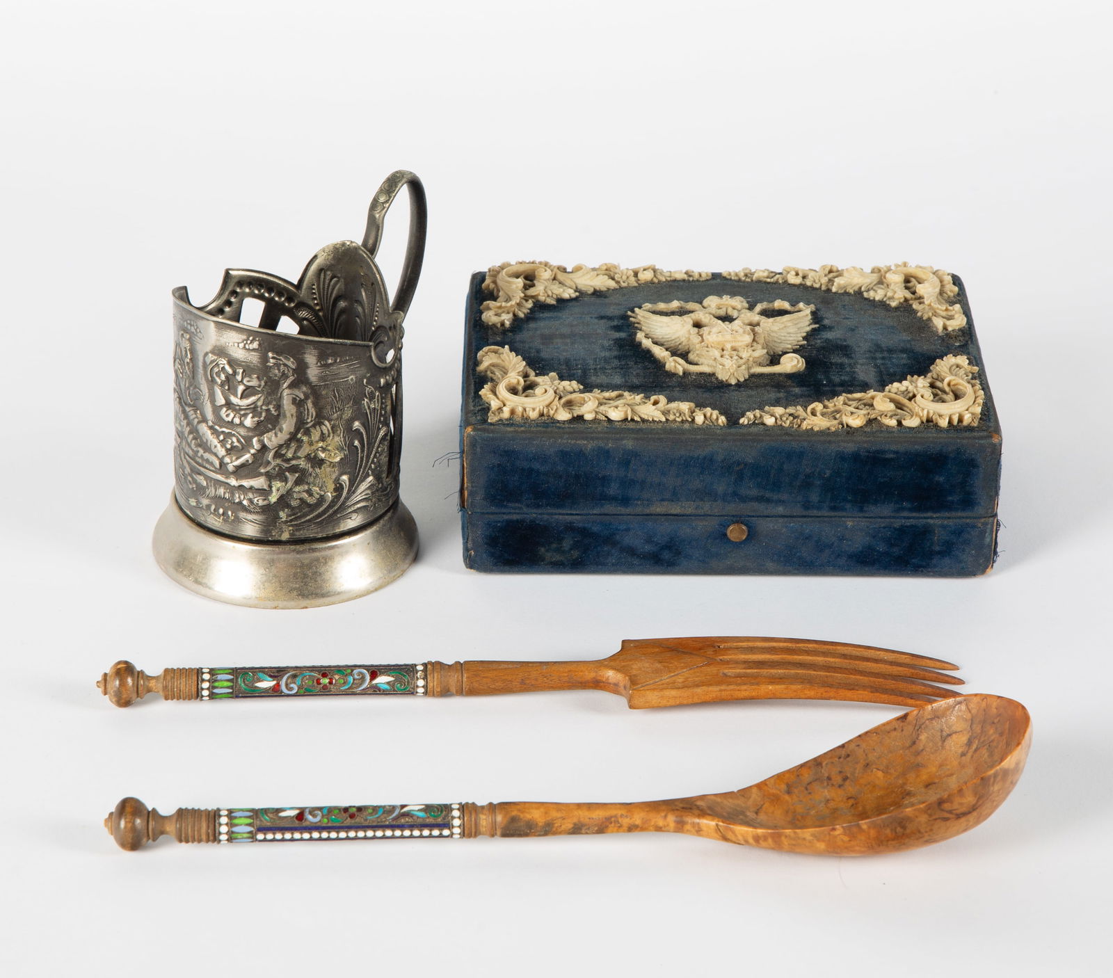 GROUP OF FOUR ITEMS: SILVER CUP HOLDER, BIRCH WOOD SILVER AND ENAMEL SET, VELVET FABRIC JEWELRY BOX? (1 of 5)
