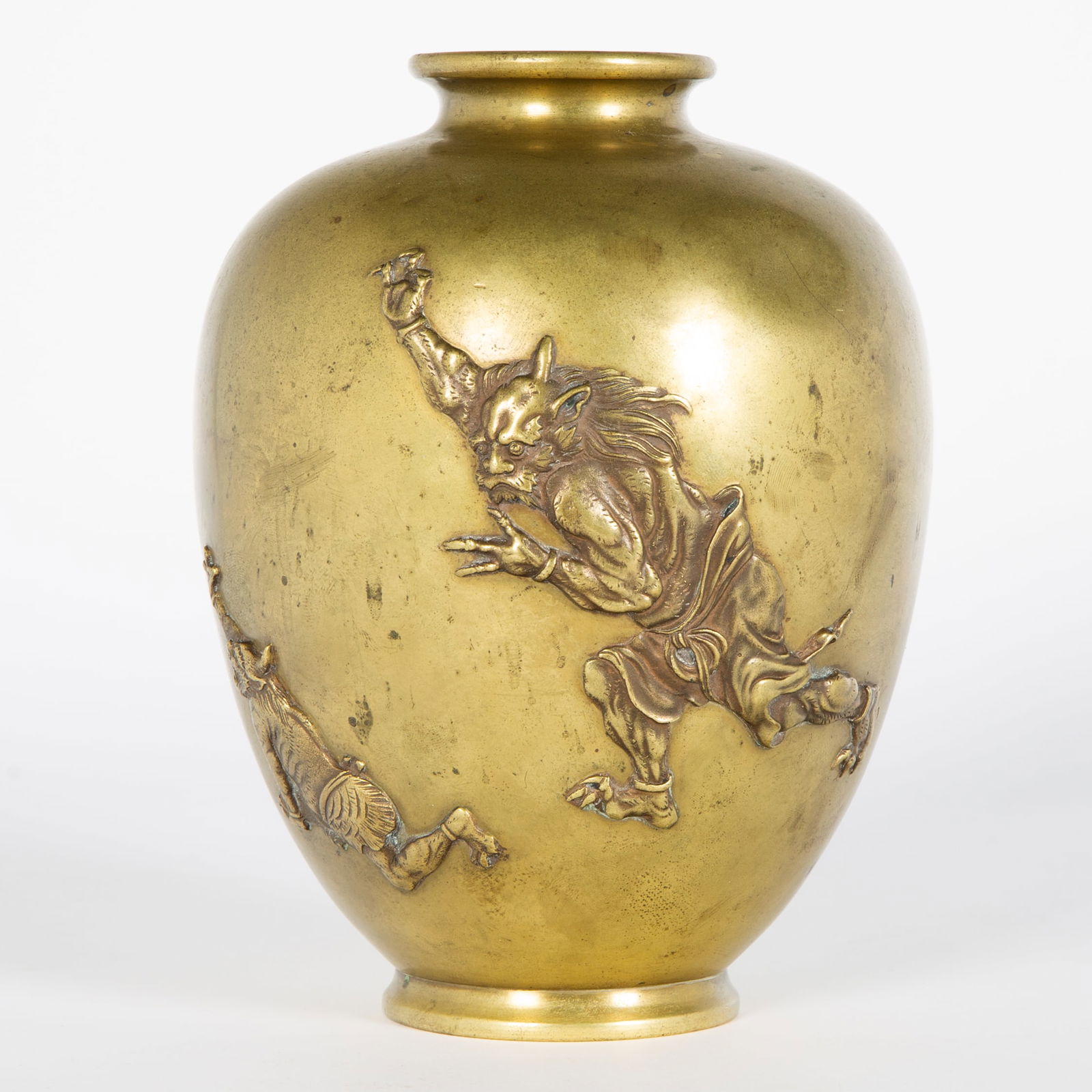 JAPANESE BRASS VESSEL VASE, ONI DEMON CAT, NEMOKATA, EDO PERIOD (1 of 4)