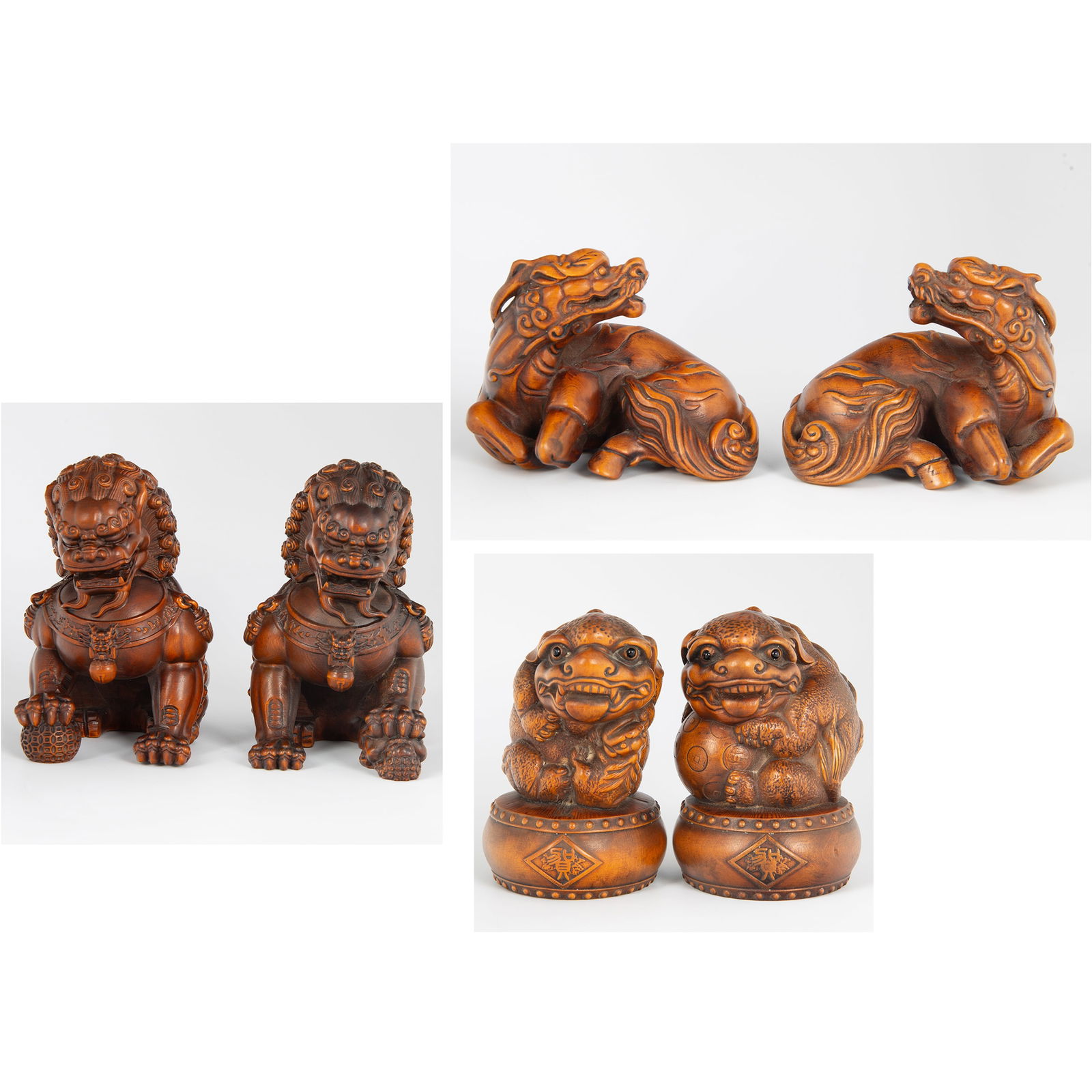 SIX CARVED BOXWOOD CHINESE FGURES: TWO YIXING GUARDIAN LIONS, FOUR PIXIU BEAST STATUES (1 of 10)