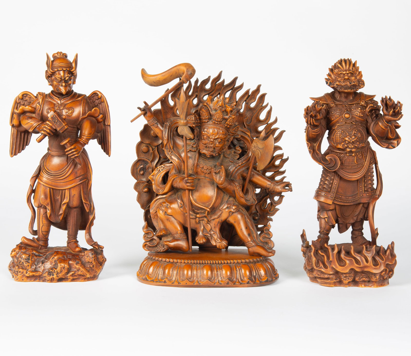 THREE CHINESE CARVED BOXWOOD FIGURES: TWO STORMY THUNDER GOD STATUES AND MAHAKALA WRATHFUL DEITY (1 of 3)
