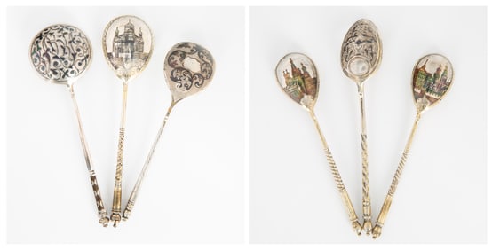 SIX RUSSIAN SILVER AND GILT SILVER SPOONS, INCLUDING KHLEBNIKOV