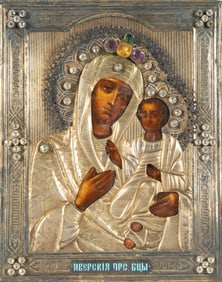 RUSSIAN ICON OF THE IVERSKAYA MOTHER OF GOD WITH GEMSTONES, 19TH CENTURY