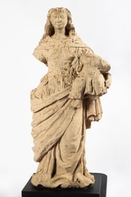 MEDIEVAL CARVED STONE MADONNA AND CHILD SCULPTURE