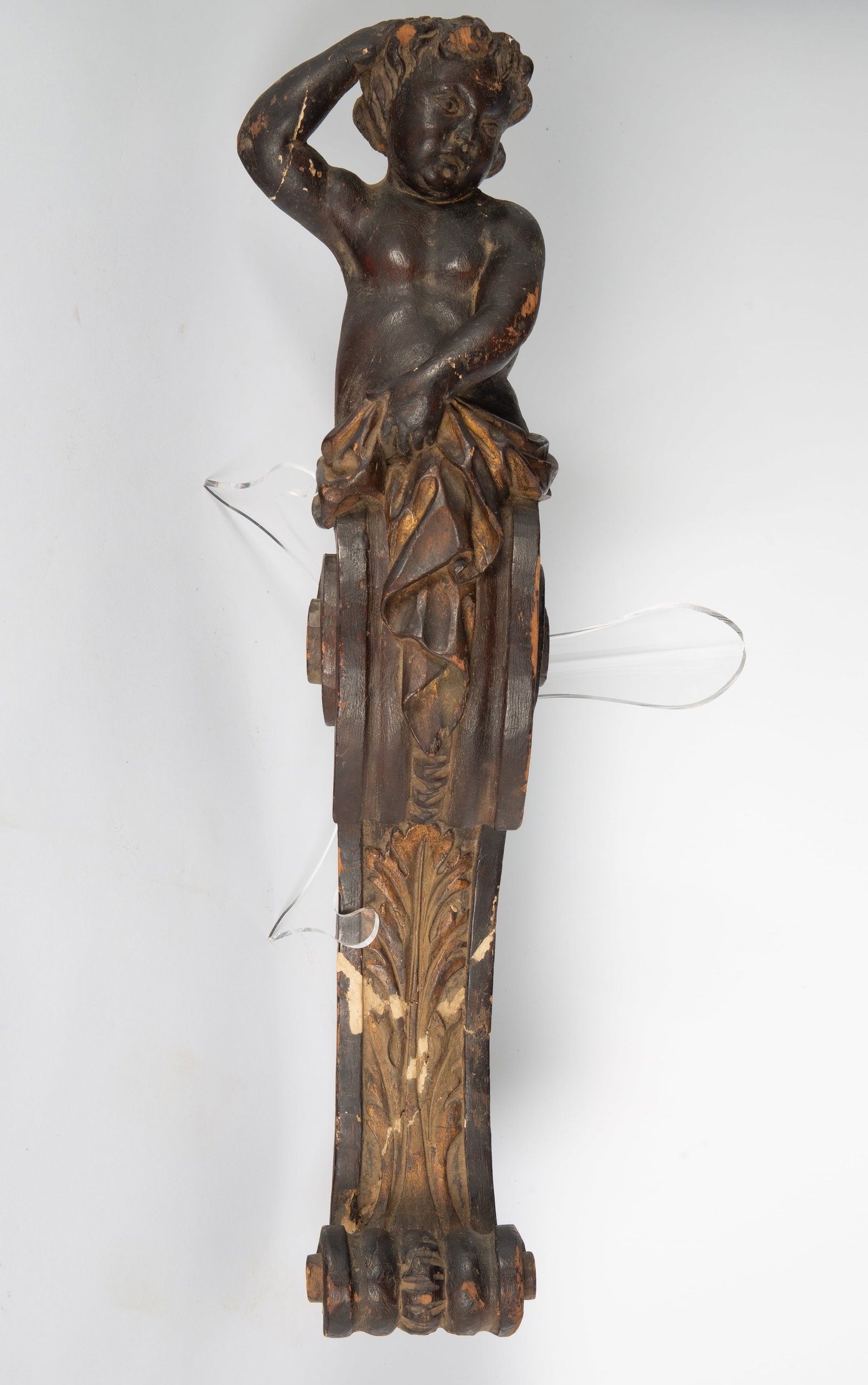 CARVED WOOD WALL PUTTI CARYATID SCULPTURE, 18TH CENTURY: CARVED WOOD WALL PUTTI CARYATID SCULPTURE, 18TH CENTURY dimensions: 64 x 16 x 12 cm (25 1/8 x 6 1/4 x 4 3/4 in.) N.B. Condition reports are available upon request. All lots are sold in as-is condition