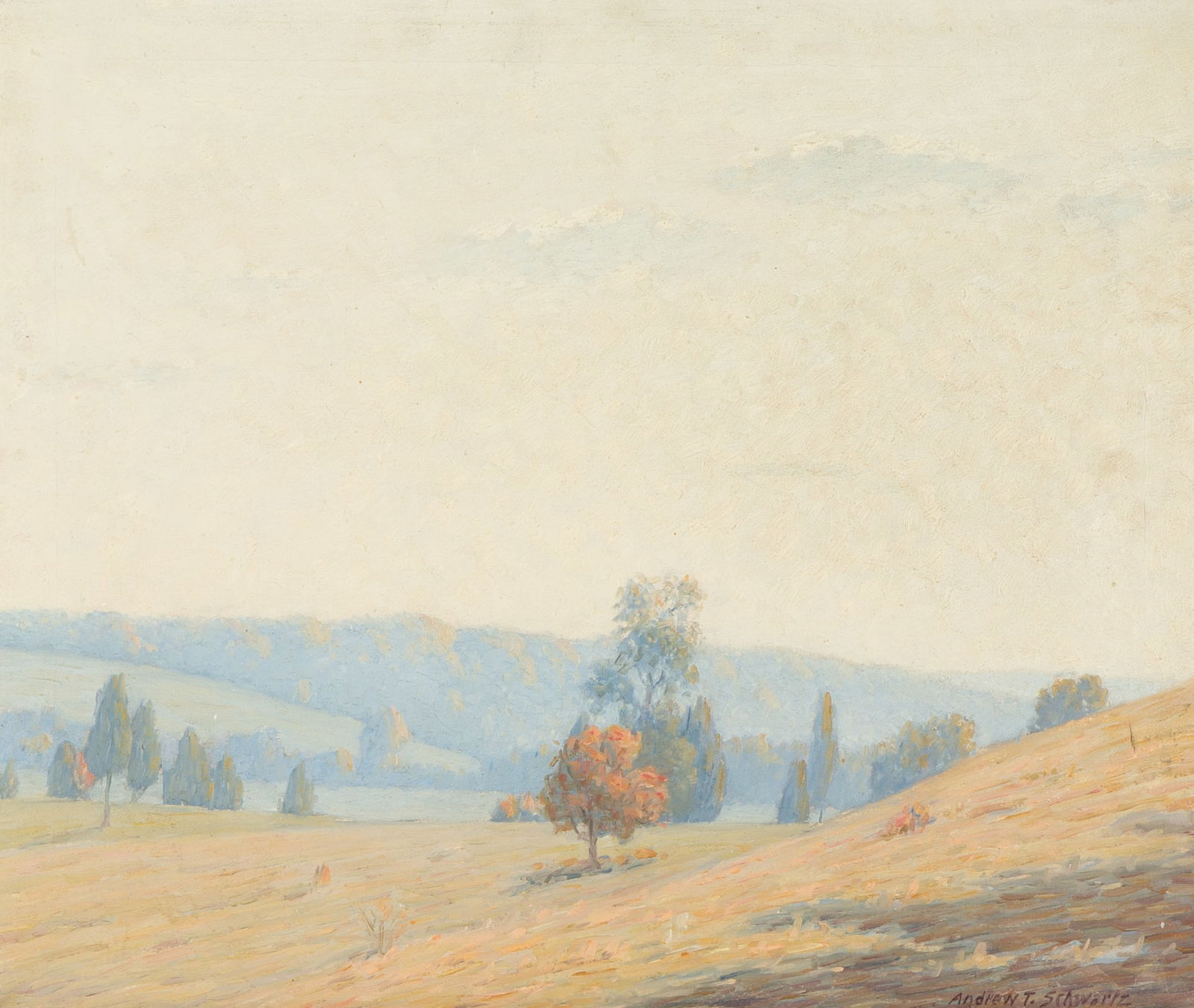ANDREW THOMAS SCHWARTZ (AMERICAN 1867-1942): ANDREW THOMAS SCHWARTZ (AMERICAN 1867-1942) Landscape oil on canvas 50.8 x 61 cm (20 x 24 in.) framed dimensions: 78.7 x 69 cm (31 x 27 1/8 in.) signed lower right Keywords: Kentucky, listed artist, o