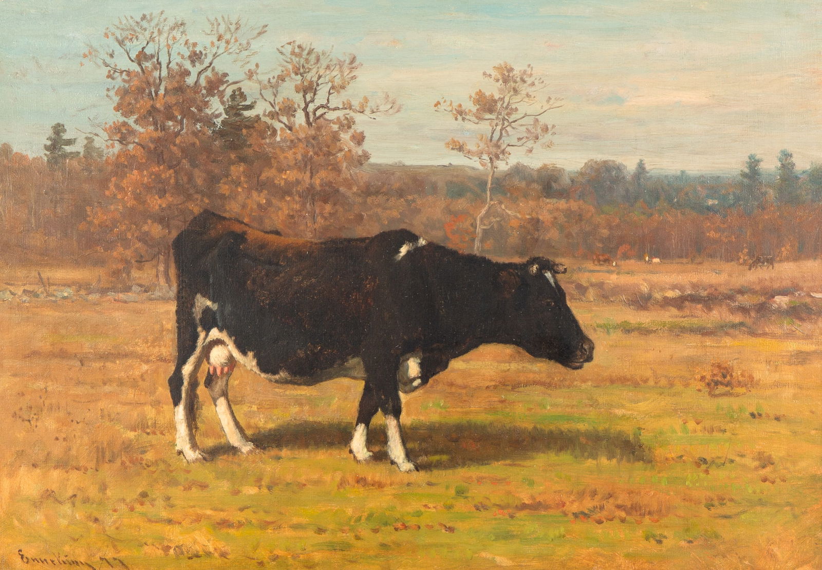 JOHN JOSEPH ENNEKING (AMERICAN 1841-1916): JOHN JOSEPH ENNEKING (AMERICAN 1841-1916) Pastoral Scene with Cow oil on canvas 46 x 66.5 cm (18 1/8 x 26 1/4 in.) framed dimensions: 55 x 75.5 cm (21 5/8 x 29 3/4 in.) signed dated lower left N.B. Co