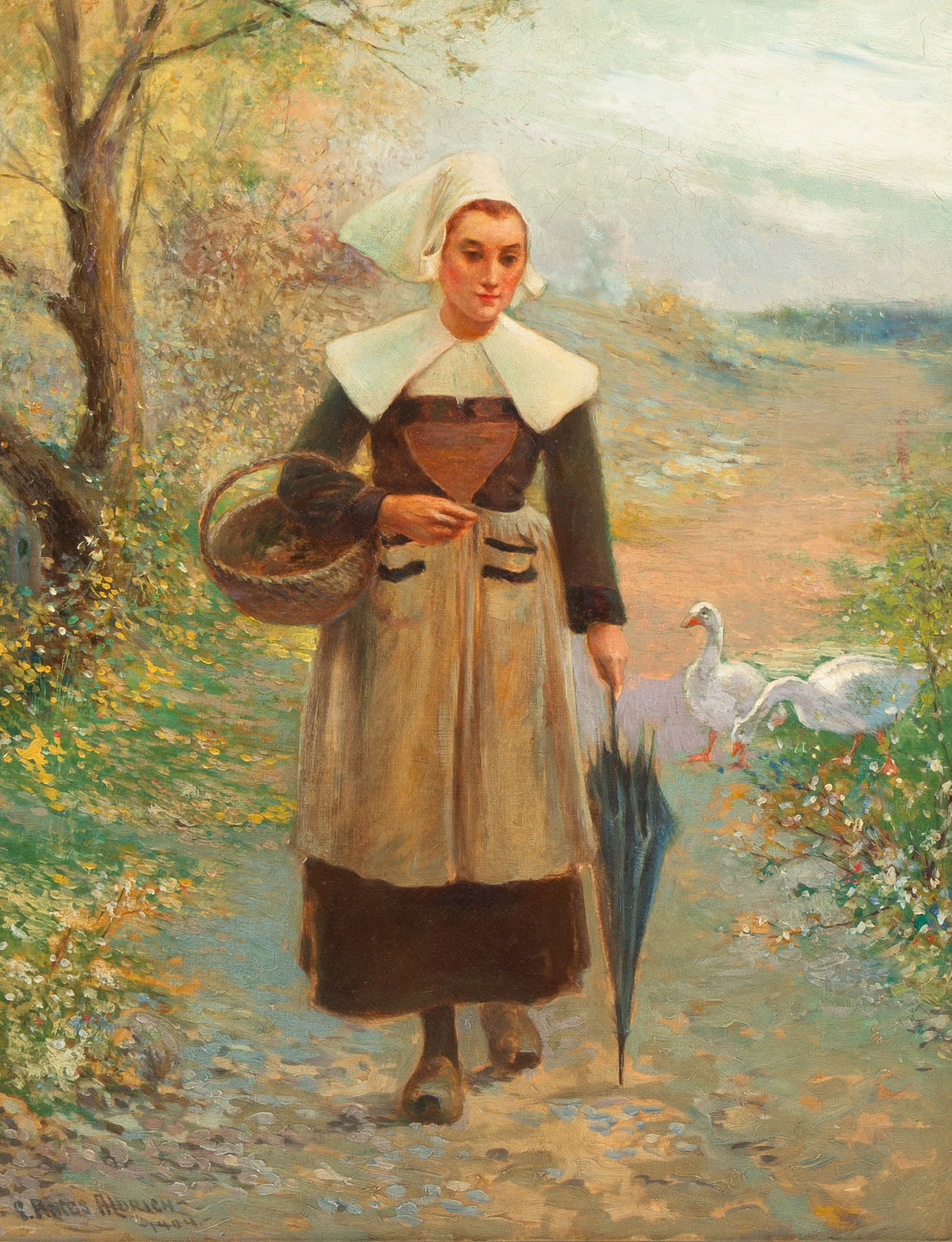 GEORGE AMES ALDRICH (AMERICAN 1872-1941): GEORGE AMES ALDRICH (AMERICAN 1872-1941) Breton Woman, 1909 oil on canvas 78 x 62 cm (30 5/8 x 24 3/8 in.) framed dimensions: 100 x 84.5 cm (39 3/8 x 33 1/4 in.) signed dated lower left Keywords: Amer