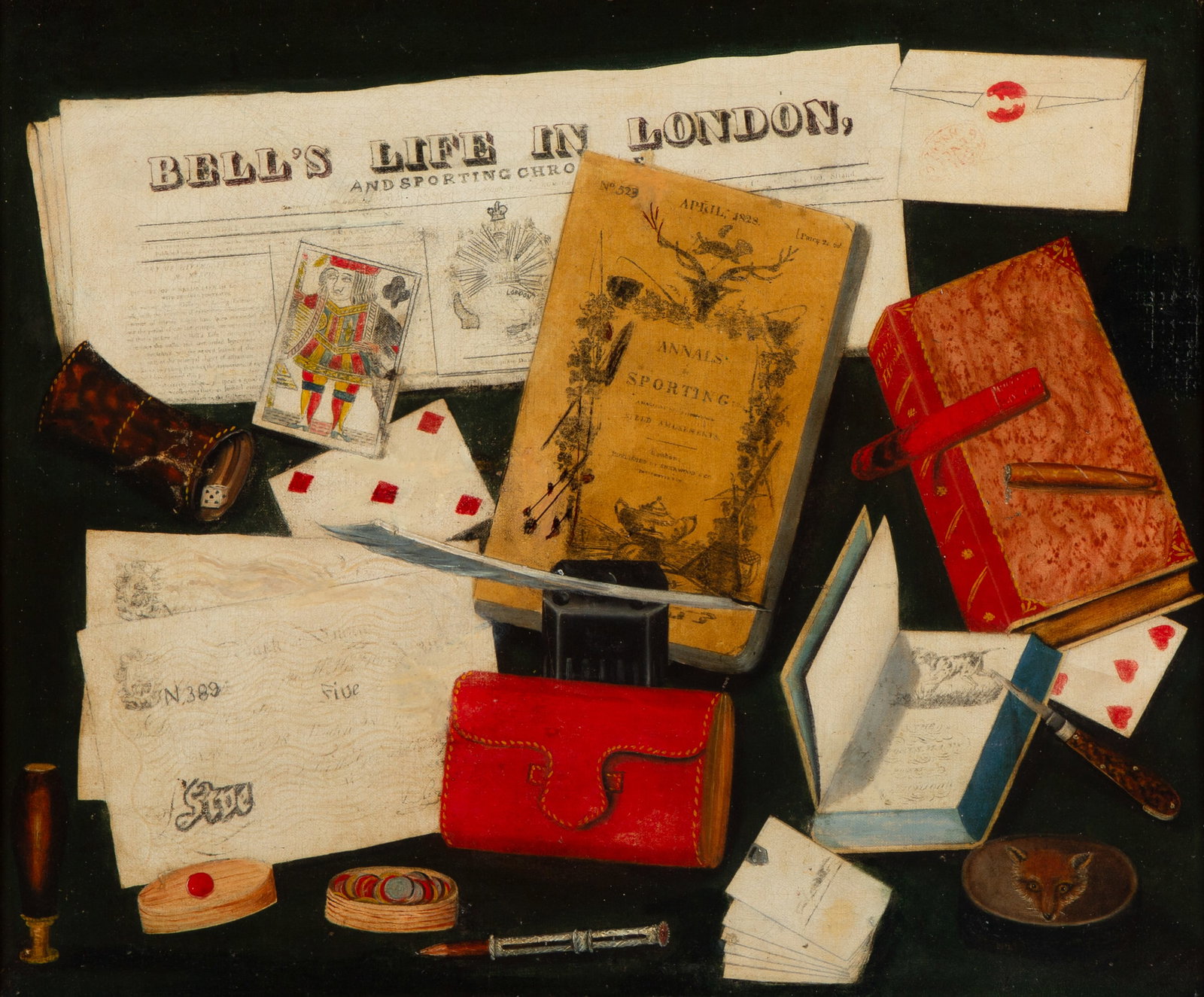A.G. VAUGHAN BRITISH TROMPE L'OEIL PAINTING: A.G. VAUGHAN BRITISH TROMPE L'OEIL PAINTING Trompe l'oeil of Bells Life in London, Playing Cards, Notebook, Book oil on canvas 51 x 61 cm (20 x 24 in.) framed dimensions: 63 x 73 cm (24 3/4 x 28 3/4 i