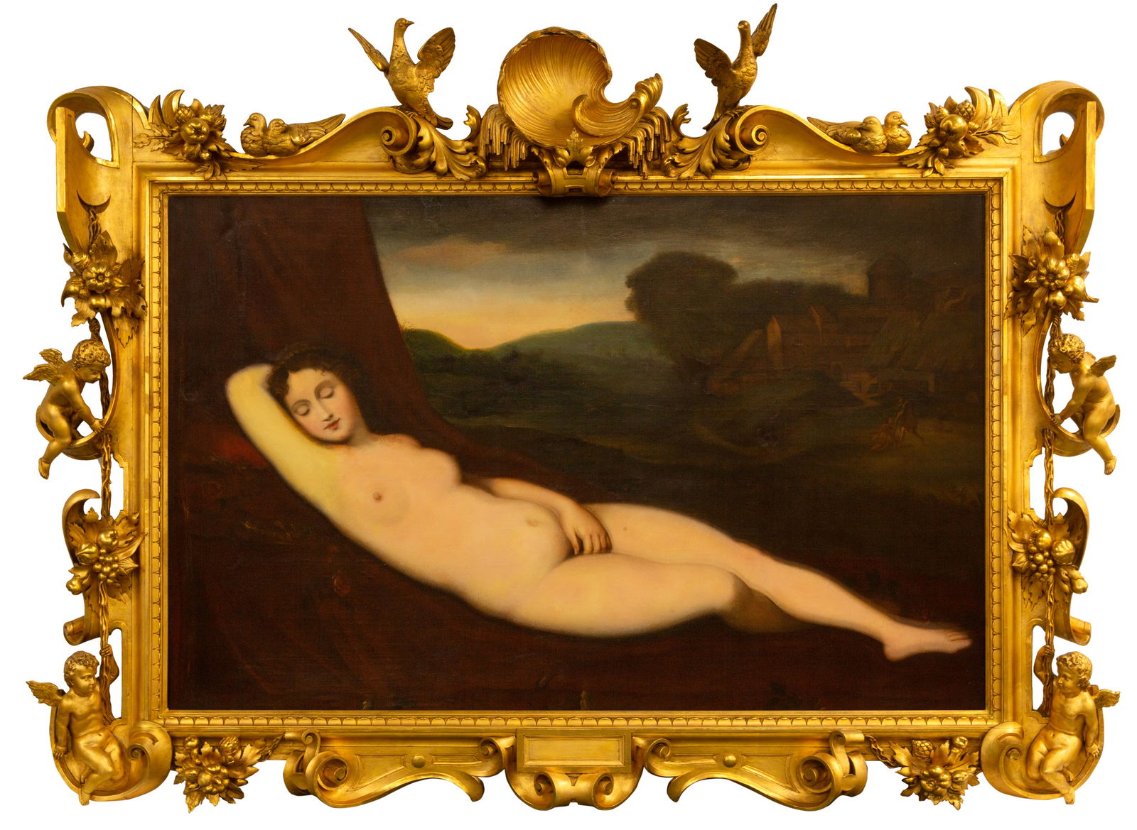 MONUMENTAL ITALIAN SCHOOL PAINTING AFTER GIORGIONE (1478-1510): MONUMENTAL ITALIAN SCHOOL PAINTING AFTER GIORGIONE (1478-1510) Sleeping Venus oil on canvas 102 x 158 cm (40 1/8 x 62 1/4 in.) in hand-carved and richly gilt frame with cartellino, topped by a pair of