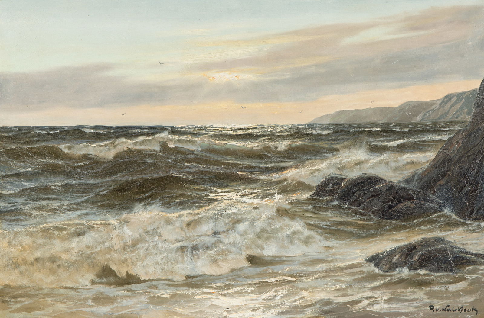 PATRICK VON KALCKREUTH (GERMAN 1892-1970): PATRICK VON KALCKREUTH (GERMAN 1892-1970) Waves on the Coast oil on canvas 61 x 91.5 cm (24 x 36 in.) framed dimensions: 74 x 104.2 cm (29 1/8 x 41 in.) signed lower right Keywords: Antique German oil