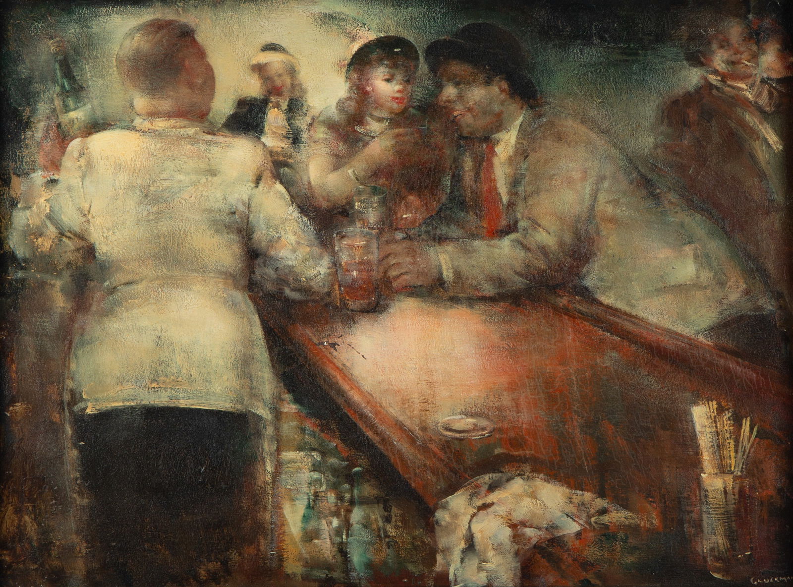 GRIGORY GLUCKMANN (BELARUSIAN-FRENCH 1898-1973): GRIGORY GLUCKMANN (BELARUSIAN-FRENCH 1898-1973) Cocktail Time oil on panel 37 x 49 cm (14 1/2 x 19 1/4 in.) framed dimensions: 52.75 x 64.8 cm (20 3/4 x 25 1/2 in.) signed lower right PROVENANCE Dalze