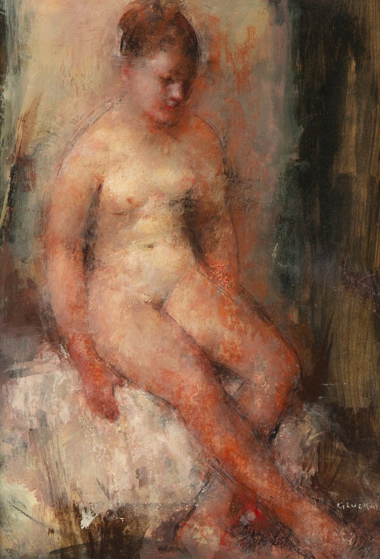 GRIGORY GLUCKMANN (BELARUSIAN-FRENCH 1898-1973): GRIGORY GLUCKMANN (BELARUSIAN-FRENCH 1898-1973) La pause oil on panel 44.5 x 31.8 cm (17 1/2 x 12 1/2 in.) framed dimensions: 64 x 51 cm (25 1/8 x 20 in.) signed lower right Keywords: Russian art, oil
