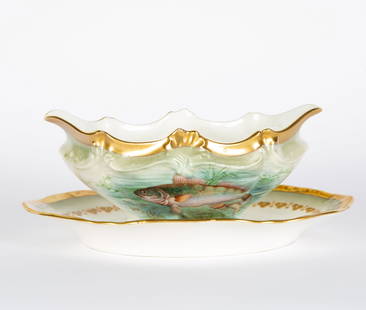 A. LANTERNIER LIMOGES 'FRESHWATER FISH' PORCELAIN GRAVY BOAT: A. LANTERNIER LIMOGES 'FRESHWATER FISH' PORCELAIN GRAVY BOAT Oval body with gilt scalloped rim, cavetto with an olive green and foliate motif, featuring a different freshwater fish and underwater veg