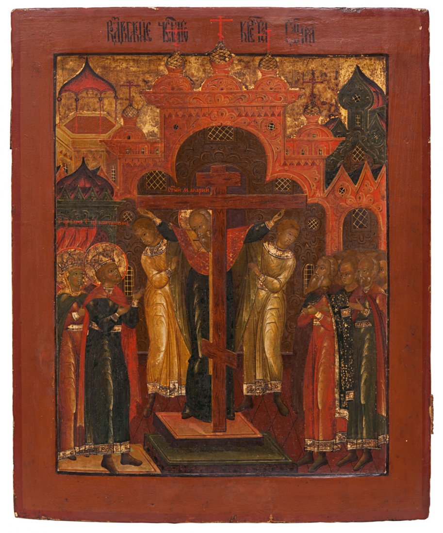 A RUSSIAN ICON OF THE EXALTATION OF THE CROSS, YAROSLAV: A RUSSIAN ICON OF THE EXALTATION OF THE CROSS, YAROSLAVL SCHOOL, 18TH CENTURY, Egg tempera, gold leaf, and gesso on wood panel with kovcheg. One insert splint on the back. 50.2 x 40.8 cm. (19 3/4 x 16