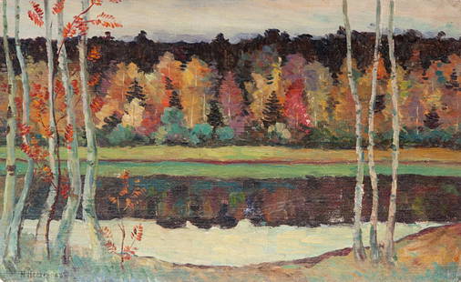 MIKHAIL VASILIEVICH NESTEROV (RUSSIAN 1862-1942), “Autu: MIKHAIL VASILIEVICH NESTEROV (RUSSIAN 1862-1942), “Autumn Birches”, oil on canvas laid on cardboard, 23.5 x 38.5 cm. (9 1/4 x 15 1/8 in.), signed in Cyrillic 'M. Nesterov' lower right