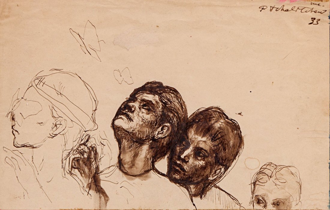 PAVEL TCHELITCHEW (RUSSIAN 1898-1957), “Heads with Butt: PAVEL TCHELITCHEW (RUSSIAN 1898-1957), “Studies of Charles Henry Ford”, 1933, ink and ballpoint pen on paper, 19 x 30.5 cm. (7 ½ x 12 in.), signed and dated 'P. Tchelitchew 33' upper right PROVEN