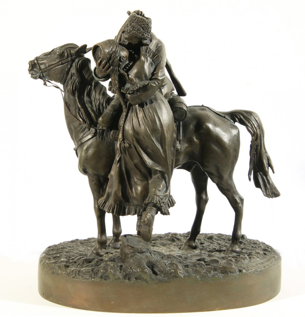 VASSILI GRACHEV (RUSSIAN 1831-1905), “Soldier on Horseb: VASSILI GRACHEV (RUSSIAN 1831-1905), “Soldier on Horseback Kissing his Sweetheart," bronze with medium brown patina, cast by the Woerffel Foundry, height: 24 cm (9 1/2 in.), inscribed with signature
