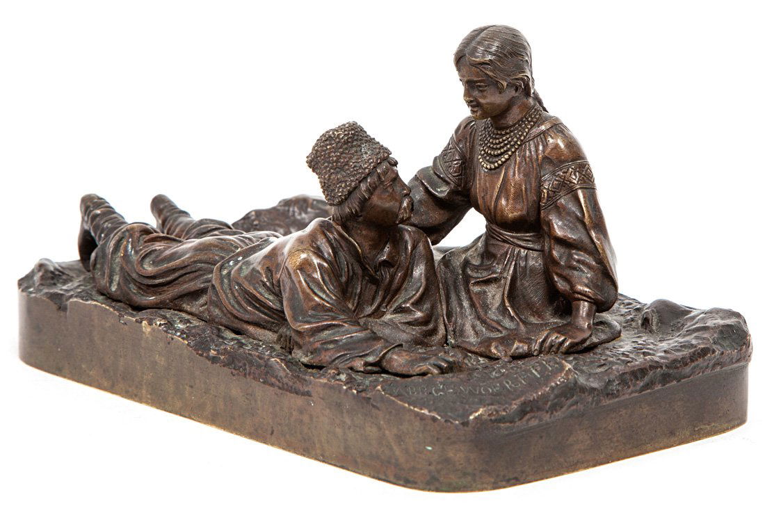 VASSILI GRACHEV (RUSSIAN 1831-1905), “Young Lovers", br: VASSILI GRACHEV (RUSSIAN 1831-1905), “Young Lovers", bronze with medium brown patina, length: 19 cm. (7 1/2 in.), inscribed with signature in Cyrillic on base, inscribed with foundry mark 'Fabr. Woe