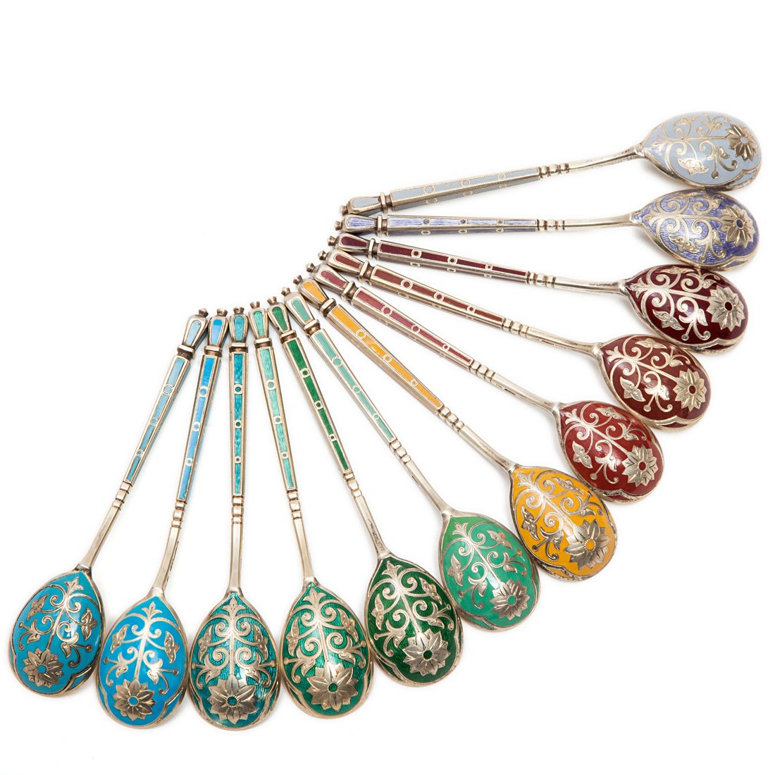 A COLLECTION OF TWELVE ENAMELED GRACHEV TEASPOONS, MARK: A COLLECTION OF TWELVE ENAMELED GRACHEV TEASPOONS, MARKED GRACHEV WITH AN IMPERIAL WARRANT, WITH CYRILLIC MAKERS MARK AP, ST. PETERSBURG, 1872-1897, each teaspoon decorated with a different shade of e