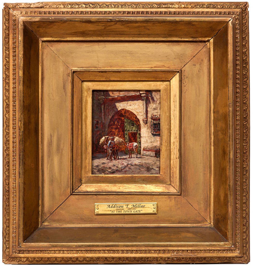 ADDISON THOMAS MILLAR (AMERICAN 1860-1913), “At the Tow: ADDISON THOMAS MILLAR (AMERICAN 1860-1913), “At the Town Gate”, oil on panel, 13 x 10.3 cm. (5 1/8 x 4 in.), signed lower left