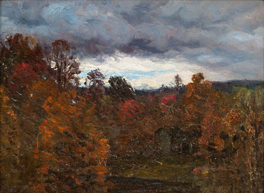 JOHN JOSEPH ENNEKING (AMERICAN 1841-1916), “Low Rising : JOHN JOSEPH ENNEKING (AMERICAN 1841-1916), “Low Rising Clouds”, oil on board, 23.7 x 31.2 cm. (9 1/4 x 12 1/4 in.)