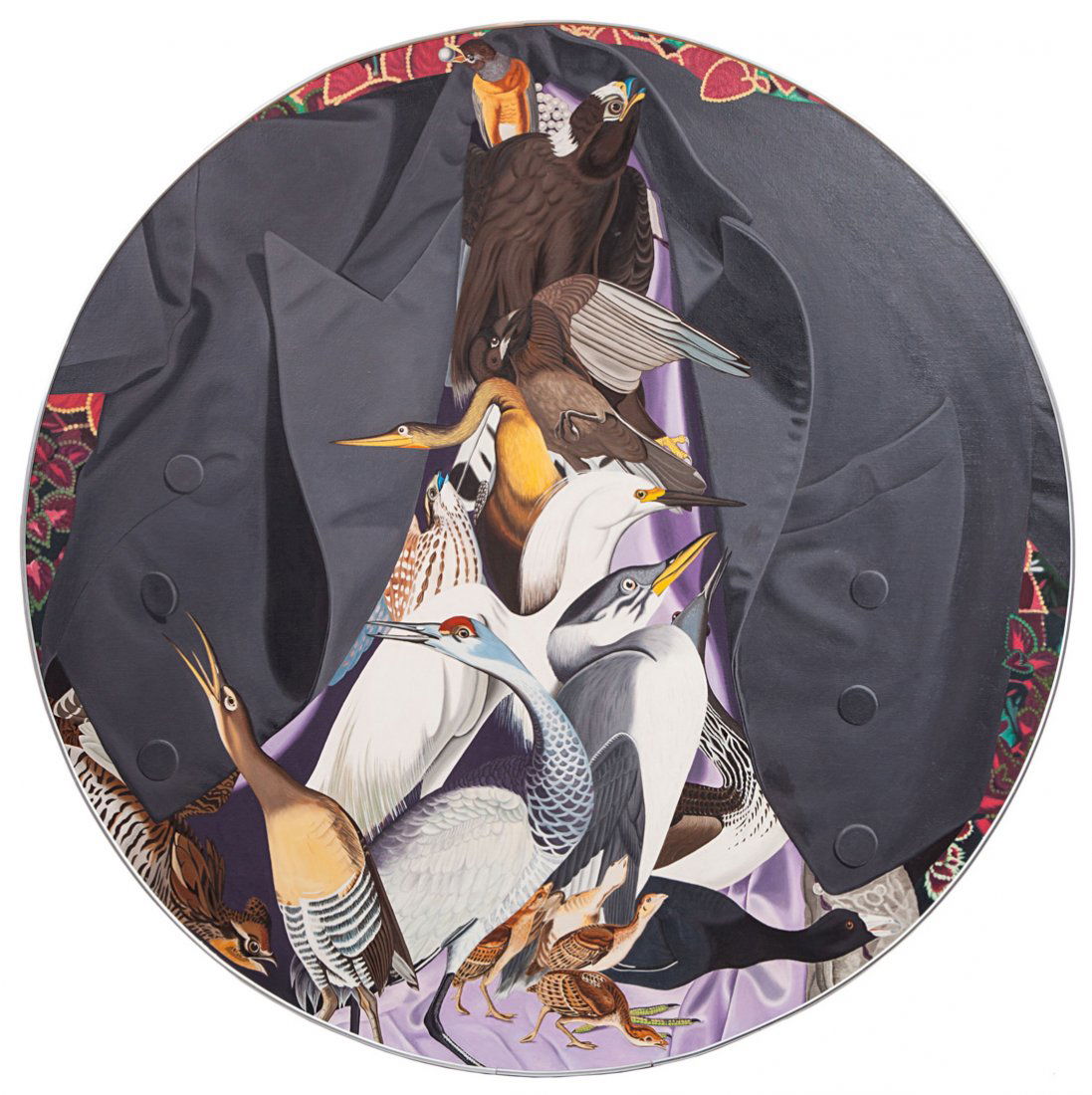 AL POUNDERS (AMERICAN 20TH CENTURY.), “Tuxedo with 16 : AL POUNDERS (AMERICAN 20TH CENTURY.), “Tuxedo with 16 Birds”, 1971, oil on canvas, diameter: 122.5 cm. (48 ¼ in.), signed, titled, and dated on verso PROVENANCE: Bernard Danenberg Galleries, New