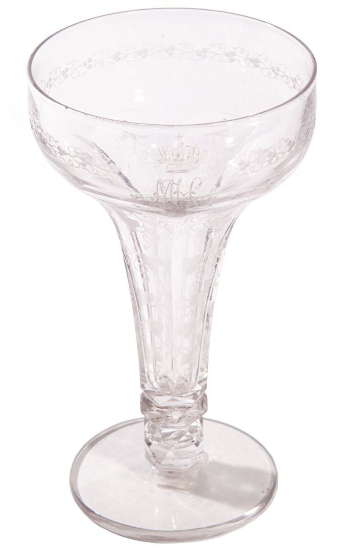 A CHAMPAGNE COUPE FOR GRAND DUKE MICHAEL NIKOLAEVICH, I: A CHAMPAGNE COUPE FOR GRAND DUKE MICHAEL NIKOLAEVICH, IMPERIAL GLASS FACTORY, ST PETERSBURG, SECOND HALF OF 19TH CENTURY, the glass delicately etched with ivy patterns and crowned initials of Grand Du