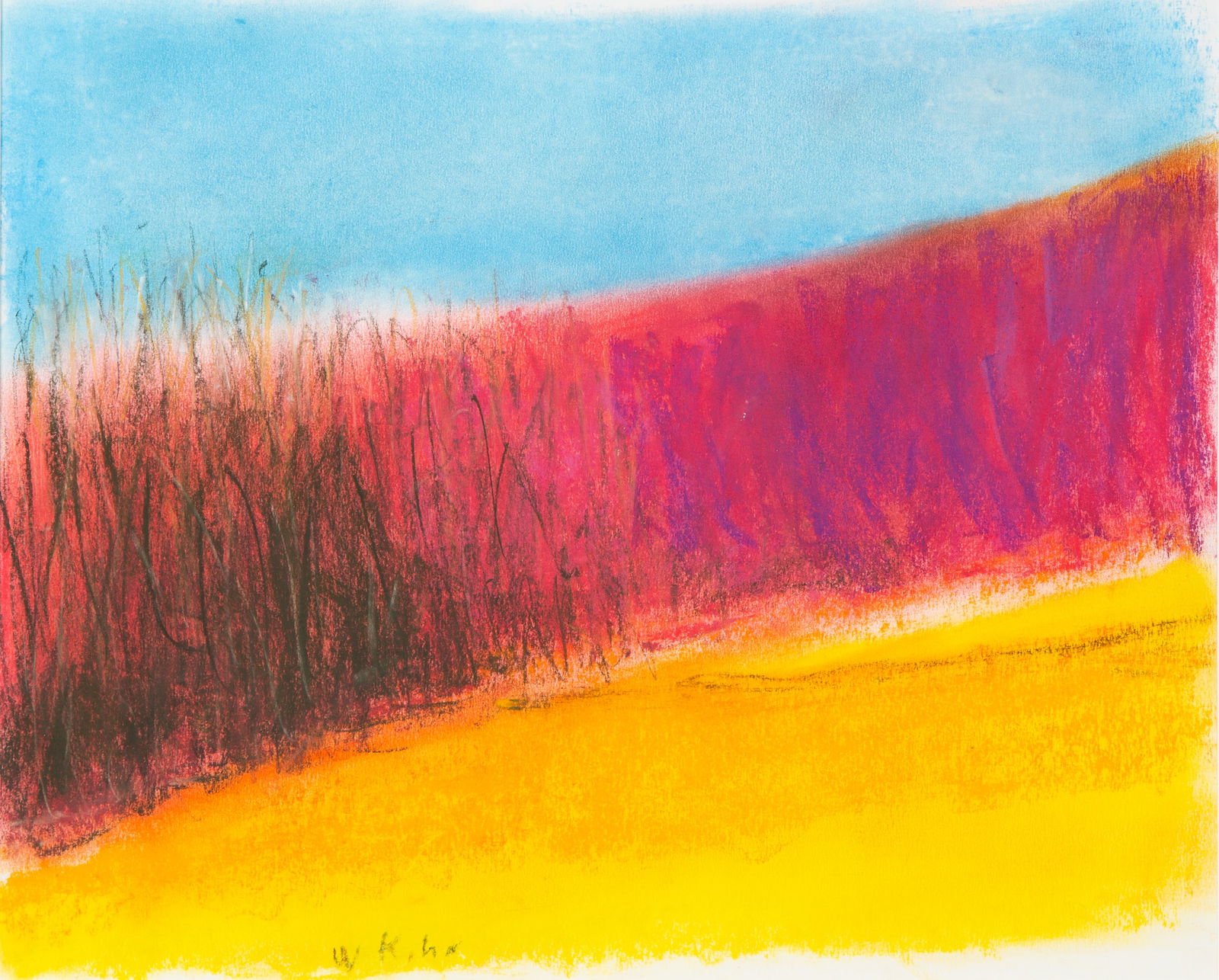 WOLF KAHN (GERMAN-AMERICAN 1927-2020): WOLF KAHN (GERMAN-AMERICAN 1927-2020) Untitled (Pink, Orange, Green) pastel on paper 14 x 17 in. (35.6 x 43.2 cm) framed dimensions: 47.7 x 55.5 cm (18 3/4 x 21 7/8 in.) signed lower left CONDITION Ob