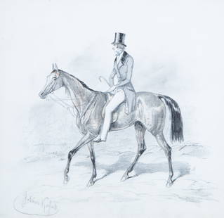 JULIUSZ FORTUNAT KOSSAK (POLISH 1824-1899): JULIUSZ FORTUNAT KOSSAK (POLISH 1824-1899) Gentleman on a Horse graphite and watercolor on paper 19 x 20 cm (7 1/2 x 7 7/8 in.) [sight] framed dimensions: 38 x 39 cm (15 x 15 3/8 in.) signed at lower