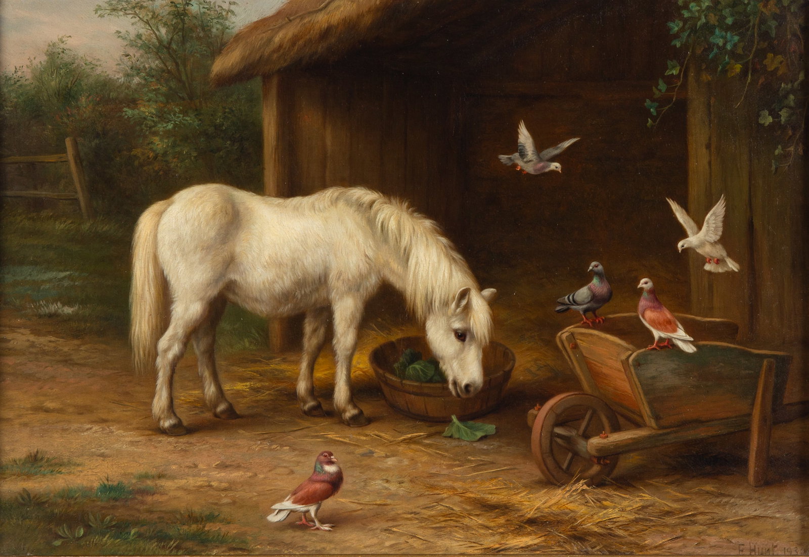 EDGAR HUNT (BRITISH 1876-1953): EDGAR HUNT (BRITISH 1876-1953) A Horse with Pigeons at Feeding Time, 1930 oil on canvas 28 x 40.5 cm (11 x 16 in.) framed dimensions: 37 x 50 cm (14 1/2 x 19 3/4 in.) signed and dated lower right COND