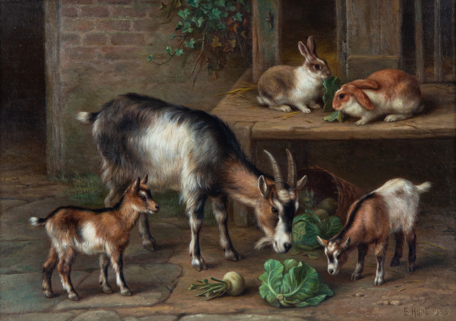 EDGAR HUNT (BRITISH 1876-1953): EDGAR HUNT (BRITISH 1876-1953) Rabbits and Goats at Feeding Time, 1933 oil on canvas 26 x 35.5 cm (10 1/4 x 14 in.) framed dimensions: 34.5 x 44.5 cm (13 1/2 x 17 1/2 in.) signed and dated lower right