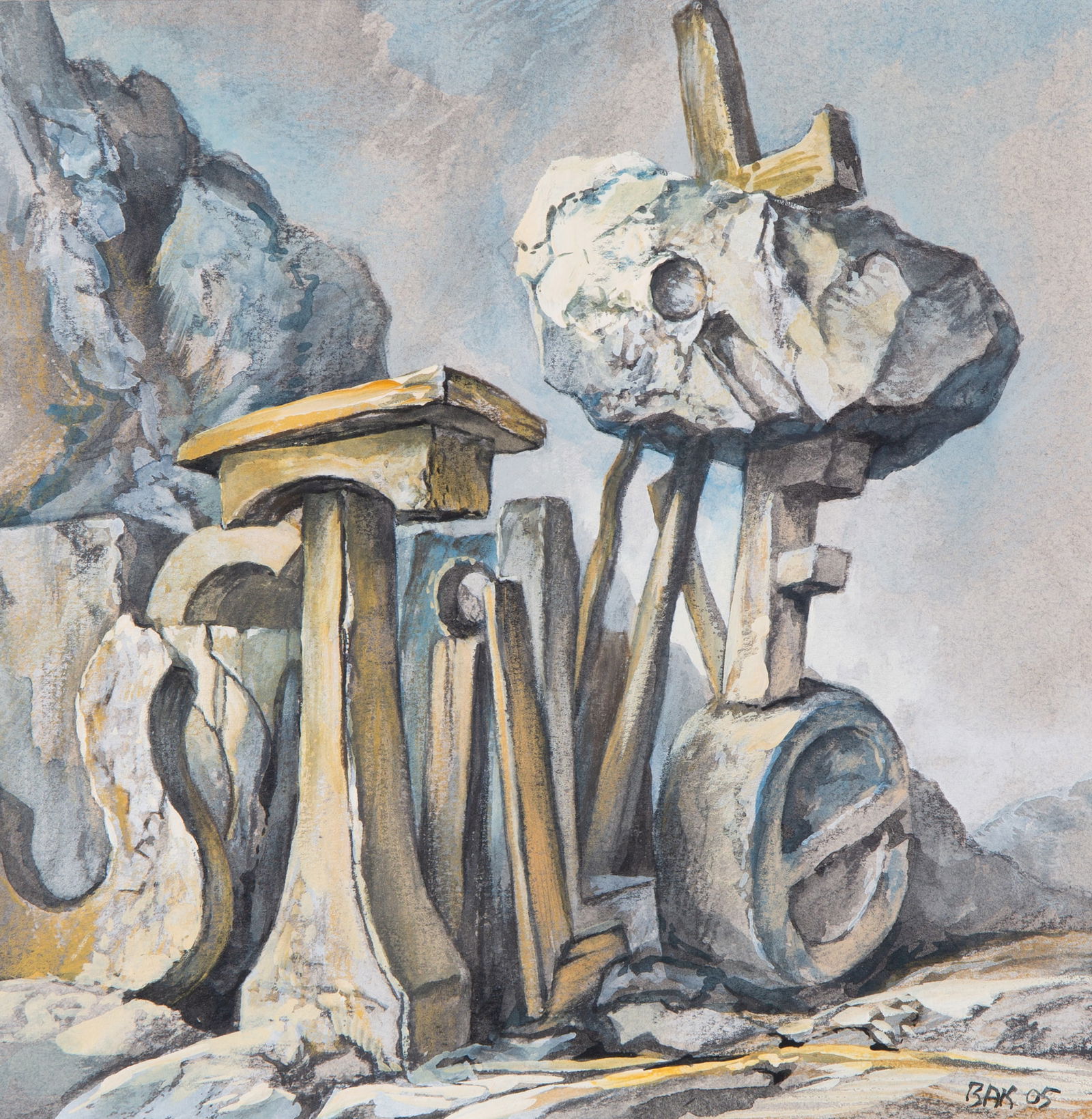 SAMUEL BAK (JEWISH LITHUANIAN-AMERICAN B.1933): SAMUEL BAK (JEWISH LITHUANIAN-AMERICAN B.1933) Precarious, 2005 pastel and gouache on paper 21.5 x 21.5 cm (8 1/2 x 8 1/2 in.) framed dimensions: 41 x 39 cm (16 1/8 x 15 3/8 in.) signed dated lower ri