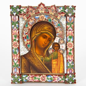 A RUSSIAN ICON OF OUR LADY OF KAZAN SILVER AND ENAMEL, WORKMASTER FEODOR RUCKERT, CIRCA 1899-1908