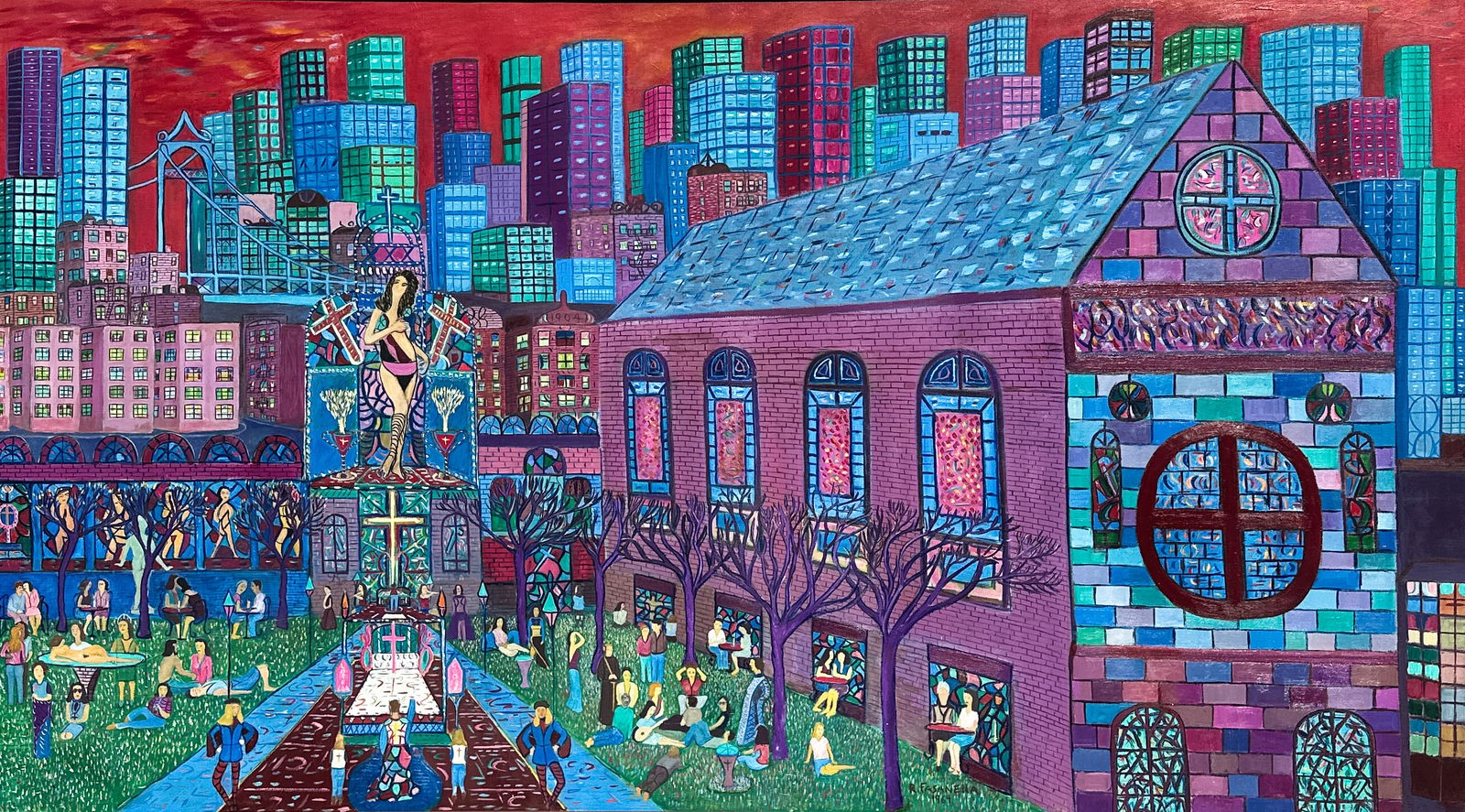 RALPH FASANELLA (AMERICAN 1914-1997): RALPH FASANELLA (AMERICAN 1914-1997) Love Goddess, 1964 oil on canvas 114.3 x 203.5 cm (45 x 80 1/8 in.) framed dimensions: 122.5 x 210.4 x 5 cm (48 1/4 x 82 3/4 x 2 in.) signed and dated lower right