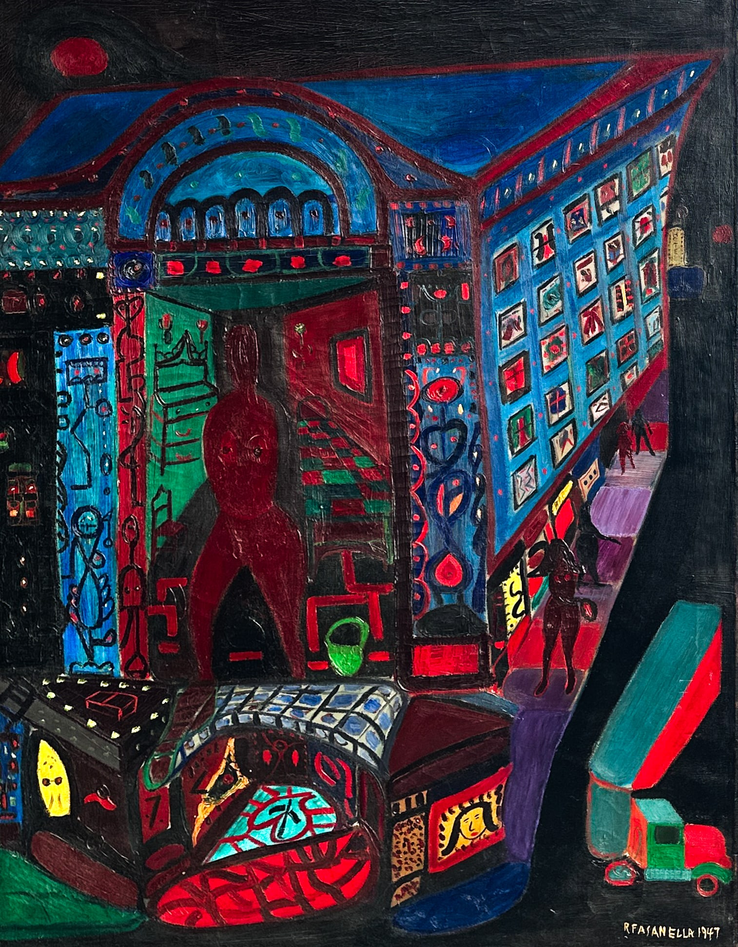 RALPH FASANELLA (AMERICAN 1914-1997): RALPH FASANELLA (AMERICAN 1914-1997) Nocturne, 1947 oil on canvas 102 x 77 cm (40 1/8 x 30 1/4 in.) framed dimensions: 111.2 x 85.7 x 5 cm (43 3/4 x 33 3/4 x 2 in.) signed and dated lower right PROVEN