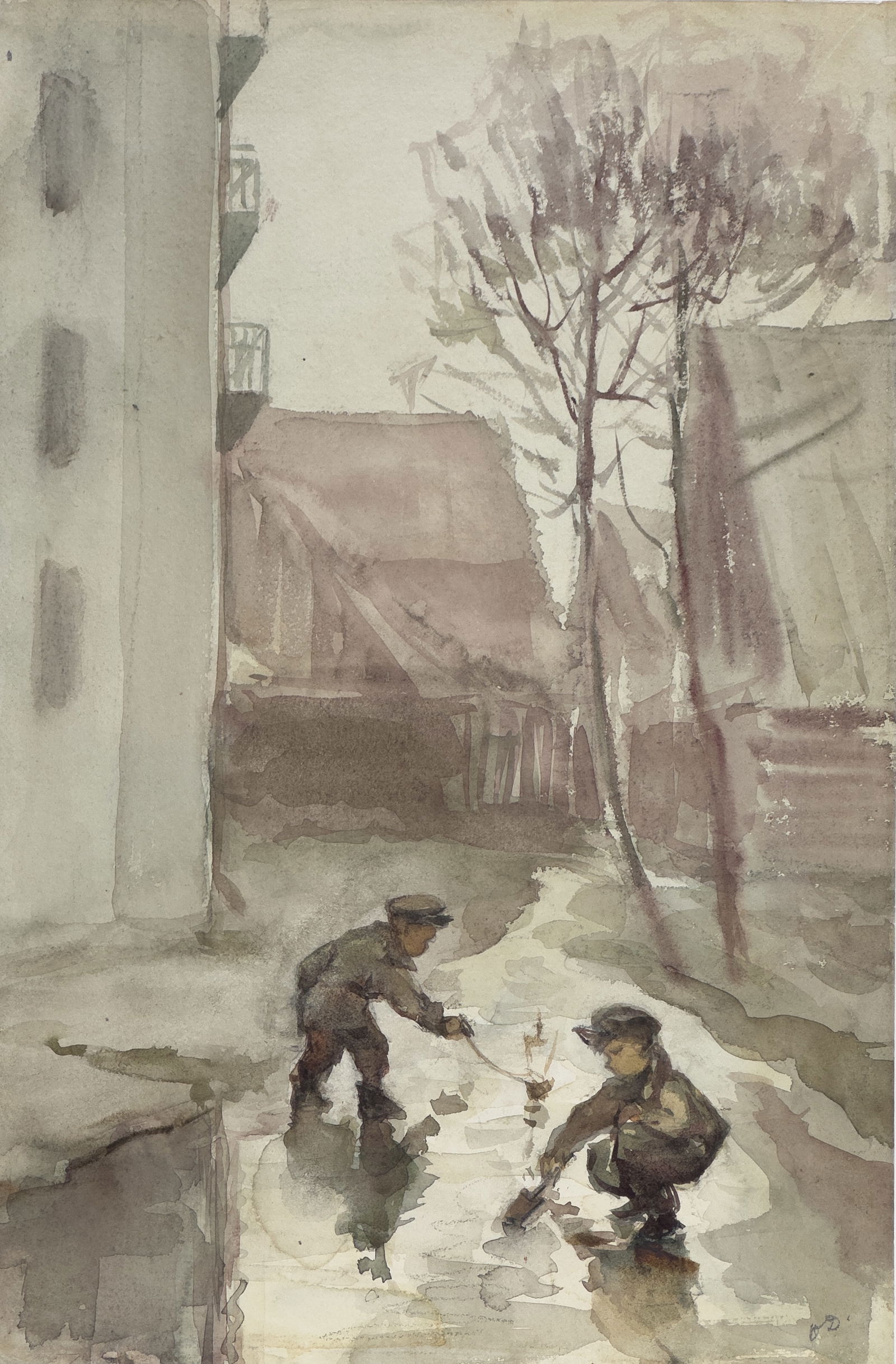 OLGA KONSTANTINOVNA DEINEKO (UKRAINIAN RUSSIAN 1897-1970): OLGA KONSTANTINOVNA DEINEKO (UKRAINIAN RUSSIAN 1897-1970) Early Spring, 1957 watercolor on paper 30 x 19.5 cm (11 3/4 x 7 5/8 in.) signed lower right in pencil, signed dated and titled on verso n.b. I