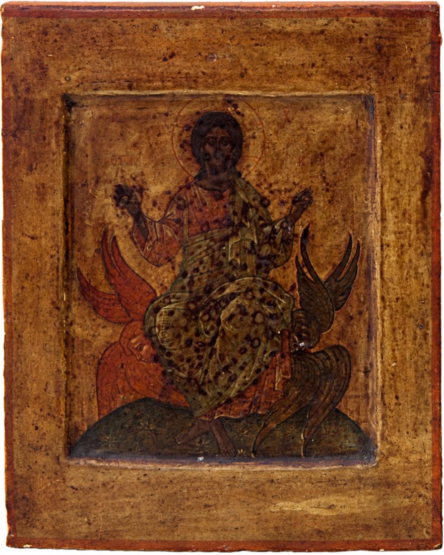 RUSSIAN ICON OF VOZNESENIA 19TH C: A RUSSIAN ICON OF THE ASCENSION OF THE LORD [VOZNESENIYE], 19TH CENTURY, Egg tempera and gesso on wood panel with a kovcheg. One insert splint on the back . 22.5 x 18 cm. (8 7/8 x 4 1/4 in.) PROVENANC