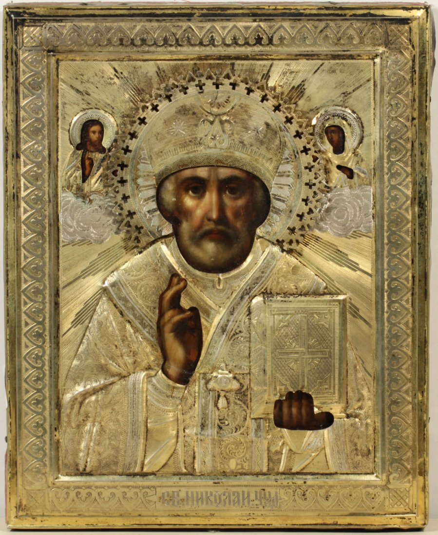 RUSSIAN SILVER ICON NICHOLAS WONDERWORKER C1880: THIS LOT IS BEING SOLD WITHOUT RESERVE., A RUSSIAN ICON OF SAINT NICHOLAS THE WONDERWORKER IN A GILT SILVER OKLAD, MOSCOW, C. 1880, the engine turned gilt silver oklad decorated with border of floral 