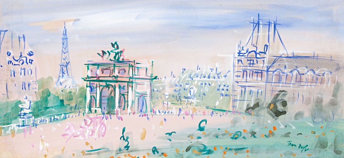 GOUACHE PAINTING JEAN DUFY VIEW OF PARIS: JEAN DUFY (FRENCH 1888-1964), 'Les Tuileries' , gouache on paper , 26 x 55 cm. (10 1/4 x 21 5/8 in.), signed 'Jean Dufy' lower right PROVENANCE: James Vigeveno Galleries, Los Angeles; Sotheby's, Los A