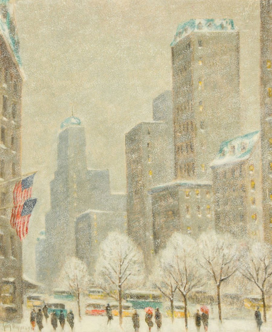 AMERICAN OIL PAINTING GUY WIGGINS: THIS LOT IS BEING SOLD WITHOUT RESERVE. GUY CARLETON WIGGINS (AMERICAN 1883-1962), 'Blizzard Conditions' 1960, oil on canvas , 76.5 x 63.4 cm. (30 1/8 x 25 in.), signed 'Guy Wiggins' lower right, sign