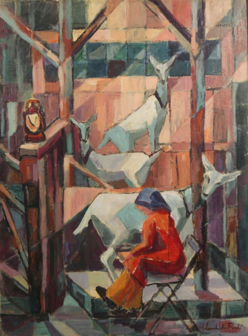 POLISH FRENCH OIL PAINTING JEAN LAMBERT-RUCKI: JEAN LAMBERT-RUCKI (POLISH FRENCH 1888-1967) , 'Milking the Goat' , oil on board, 60.7 x 45.3 cm. (24 x 17 3/4 in.), signed 'J. Lambert-Rucki' lower right