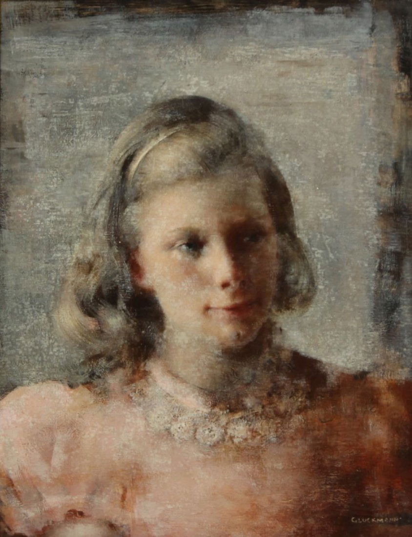 RUSSIAN OIL PAINTING GRIGORY GLUCKMANN: GRIGORY GLUCKMANN (RUSSIAN 1898-1978), 'Young Girl in Pink' , oil on panel, 48 x 37.7 cm. (18 7/8 x 14 3/4 in.), signed 'Gluckmann' lower right; old label from Dalzell Hatfield Galleries, LA on verso