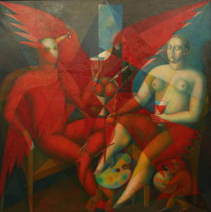 OLGA BULGAKOVA RUSSIAN PAINTING CONVERSATION: OLGA BULGAKOVA (RUSSIAN b. 1951), 'Conversation' 1993, oil on canvas, 141 x 140.3 cm. (55 1/2 x 55 1/4 in.), initialed in Cyrillic 'O.B.' lower right; stamped, inscribed, and dated in Cyrillic 'O. Bul