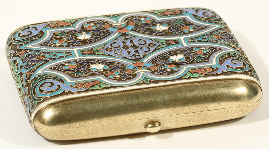 ANTIQUE RUSSIAN SILVER AND ENAMEL CIGARETTE CASE 19TH C: A GILT SILVER AND CLOISONNE ENAMEL CIGARETTE CASE, ST. PETERSBURG, LAST QUARTER OF THE 19TH C., of rectangular shape, with rounded corners, the exterior decorated with a wide central band of ornate fl